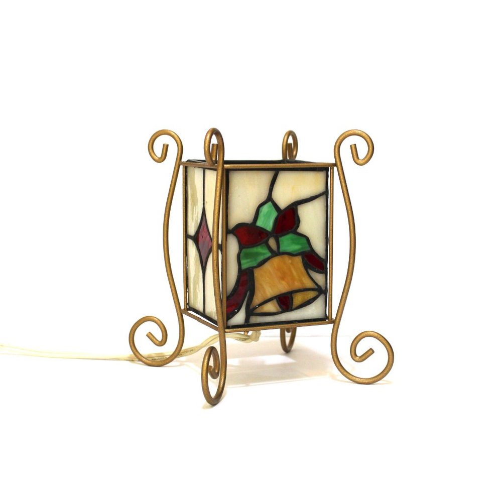 Vintage Stained Glass Christmas Accent Lamp 4-Sided - Bell, Wreath - Wor…